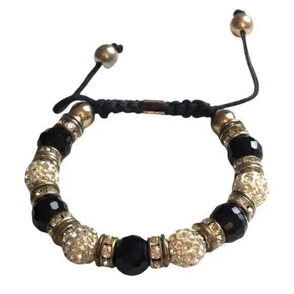 Rhinestone Bead Bracelet Black Cord Silver Tone Costume Jewelry - Picture 5 of 8